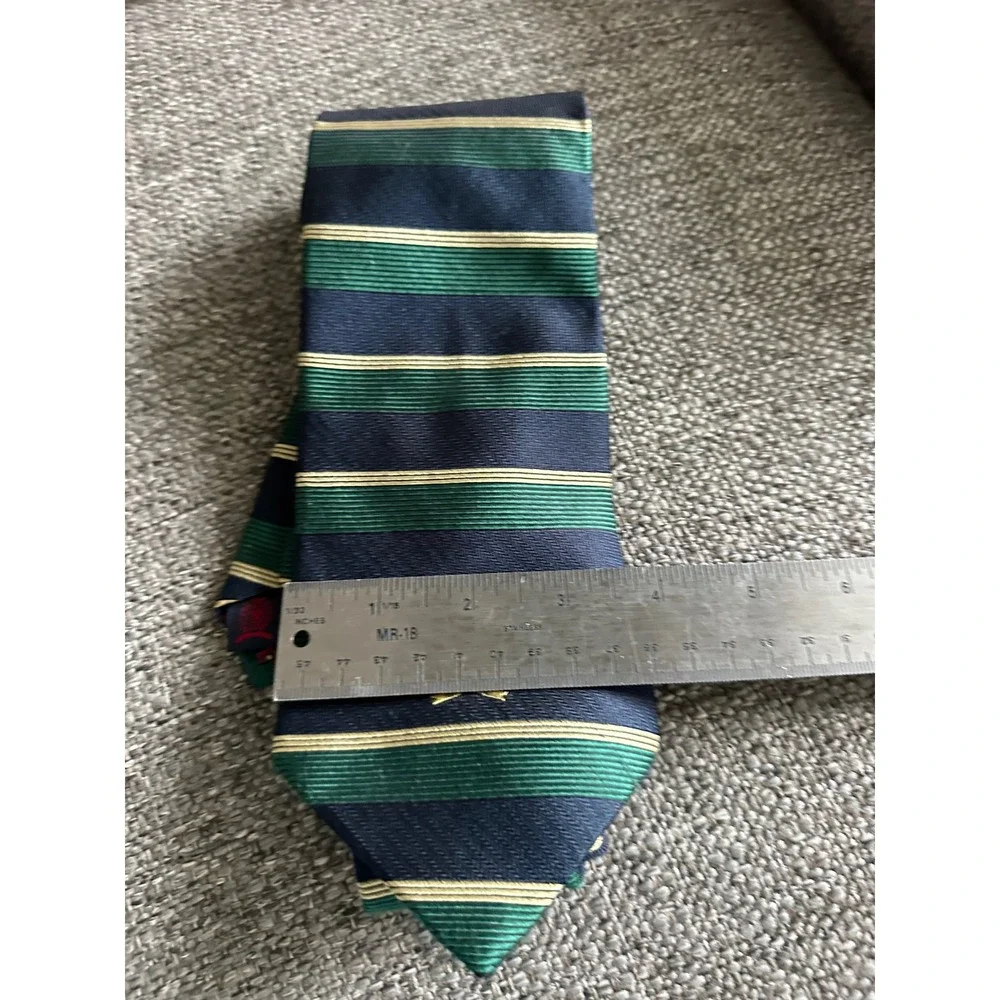 Tommy Hilfiger Mens Silk Necktie Navy Green Gold Striped Crest Logo Prep Tie